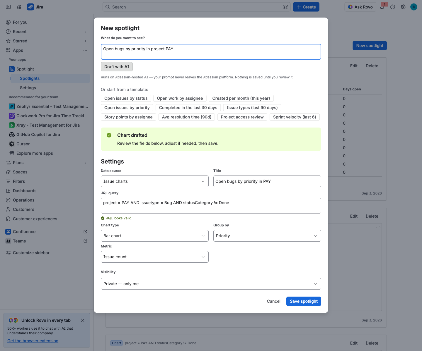 Spotlight after one plain-language request: the AI has filled in the data source, title, JQL, chart type, grouping and metric, ready to review before saving