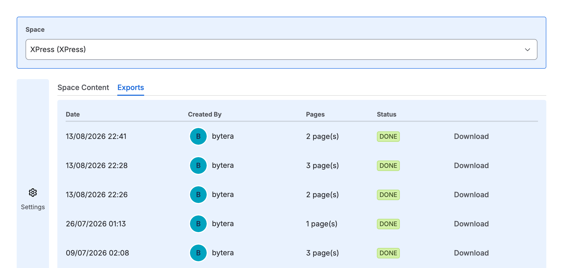 The Exports tab listing previous exports with date, who ran them, page count, status, and a download link
