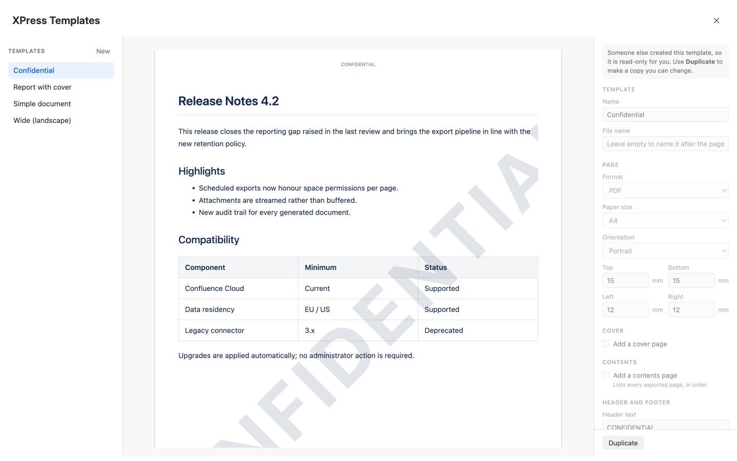The XPress template designer: the template list on the left, a live document preview in the centre with a CONFIDENTIAL watermark, and the template’s settings on the right